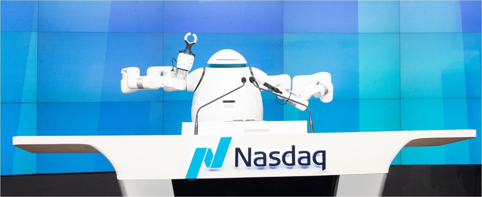 white robot and richtech robotics employees rining the nasdaq bell