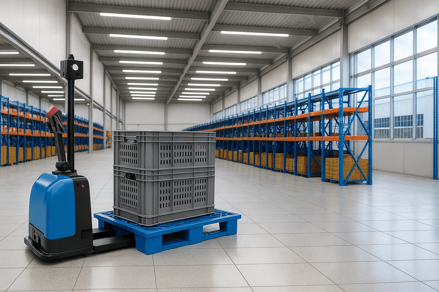 pallet jack automated robot in a warehouse