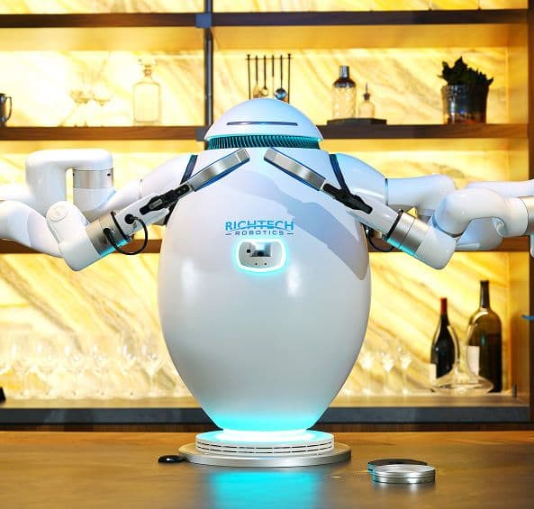 adam the robot in a classy bar
